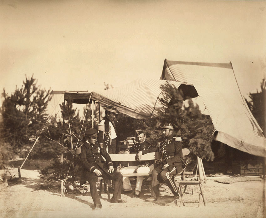 Gustave Le Gray - Chalons Encampment Scene: Lieutenant of Champagny , Capitaine Friant, the Prince Murat and Colonel Lepic
