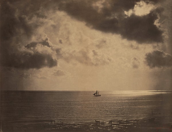 Gustave Le Gray: The Brig (Brick au Clare de Lune). Albumen print from wet plate negative, 12-7/8 x 16-3/8 in. (327 x 416 mm), 1856-57/1856-57, on original mount. Mounted, with photographer's red stamp at lower right. Gustave Le Gray: The Brig (Brick au Clare de Lune). Albumen print from wet plate negative, 12-7/8 x 16-3/8 in. (327 x 416 mm), 1856-57/1856-57, on original mount. Mounted, with photographer's red stamp at lower right.