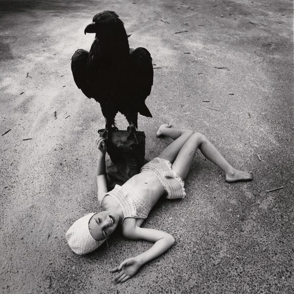 Arthur Tress: Girl in Bathing Suit with Eagle, Massachusetts. Silver print, 7-5/8 x 7-5/8 in. (194 x 194 mm), 1973 vintage print, unmounted. Photographer's stamp on verso.  His signature and title in black ink on verso. (Estimate $2,000-$4,000)