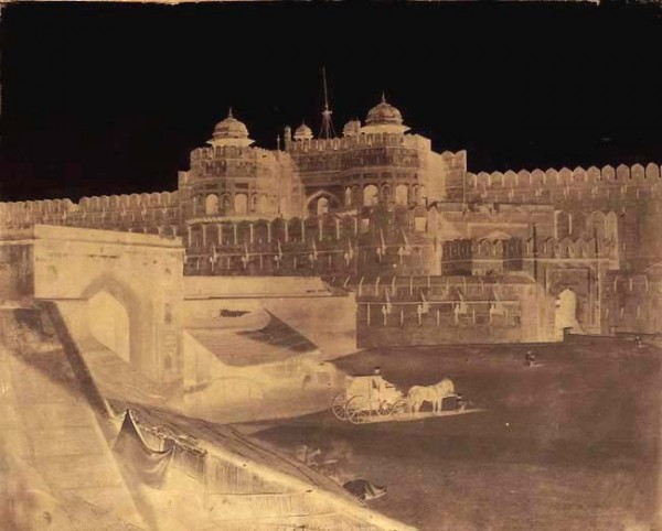 Dr. John Murray: Gateway Fort, Agra with Horse, Wagon, & Four Figures (Delhi Gate). Waxed paper negative, 1858-62, from the private collection of Alex Novak.