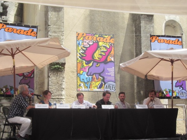 Aurélie de Lanlay,  general manager of the Rencontres;  Hervé Schiavetti, the Mayor of Arles; Jean-Noël Jeanneney, president of the Rencontres; Sam Stourdzé, new director of the Rencontres; François Hébel, director of the Rencontres. (photo by Gisèle Tavernier)