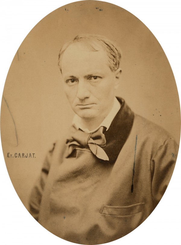 Lot 10, Étienne Carjat (1828-1906), Portrait of Charles Baudelaire, c. 1862. Albumen print in tondo, mounted on carton, signed in ink on the image, author’s dry stamp on the mounting. Vintage retouching in ink on the print. 25.1 x 18.5 cm (31,8 x 24,9 cm). Estimate: 6000/8000 €.
